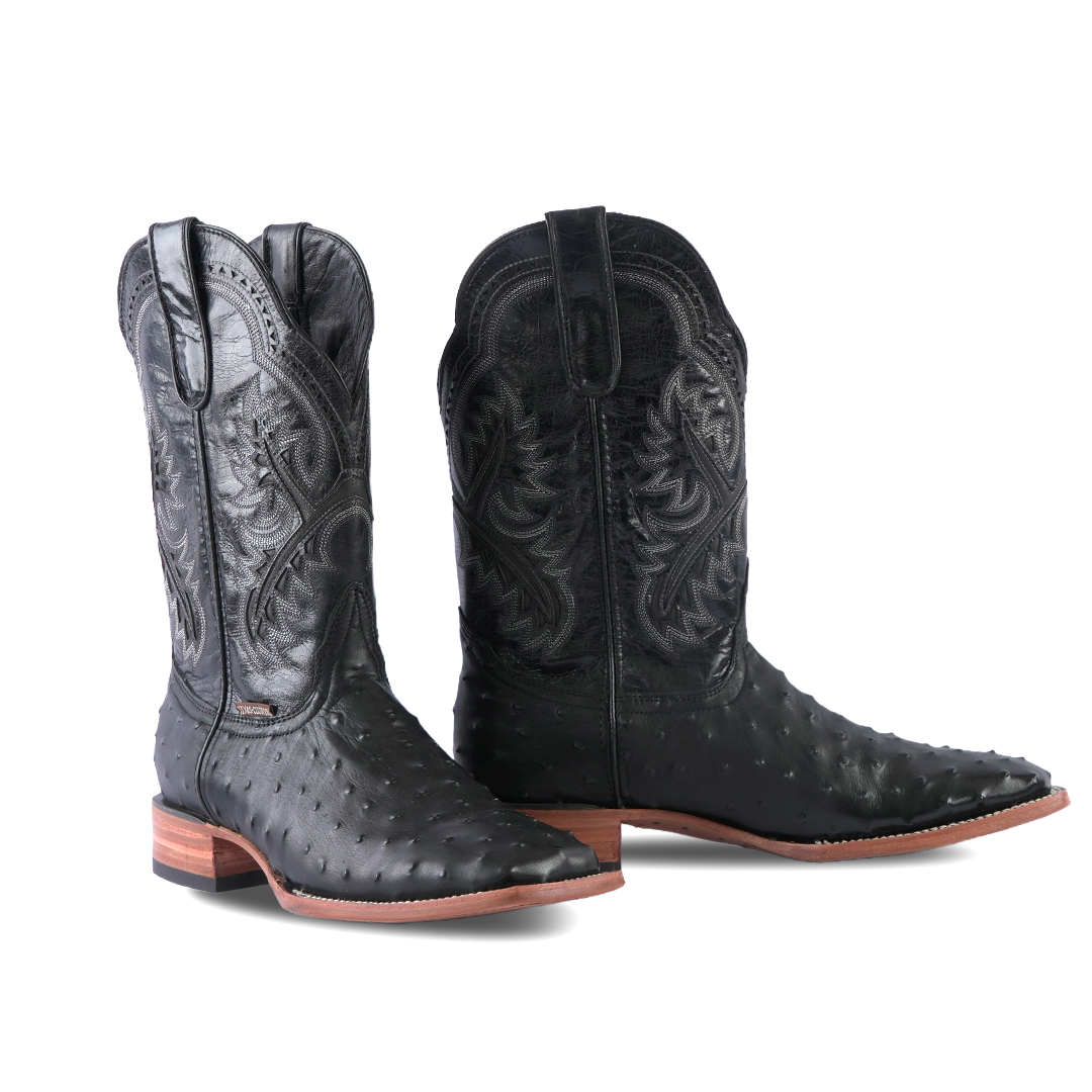 Texas Country Western Boot Ostrich Print Black Square Toe E424