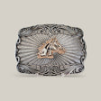 The Square Gold Rose Horse Buckle showcases an embossed horse head at its center with ornate swirling western designs and a radiating background, crafted from alpaca silver to exude rugged elegance in Texas-style.