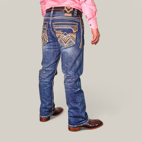 A person in a pink shirt and Western Blue Straight Fit Embroidered Jeans WJ-2351 displays brown cowboy boots against a plain, neutral background.