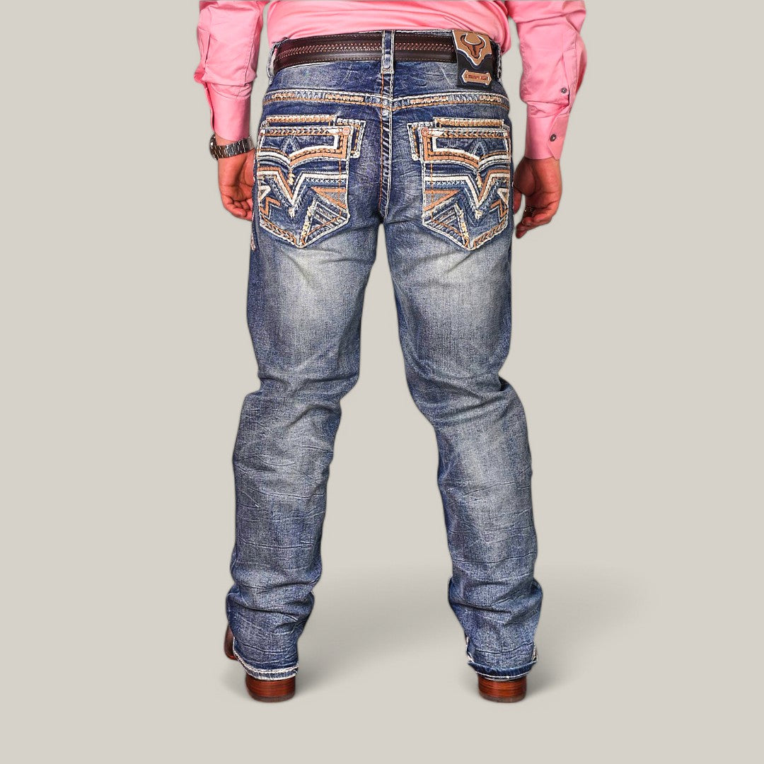 Rear view of a person wearing a pink long-sleeve shirt, brown leather boots, and Western Blue Straight Fit Embroidered Jeans WJ-2348 with embroidered back pockets, textured pattern, and a waistband leather patch for a flattering fit.