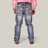 Rear view of a person wearing a pink long-sleeve shirt, brown leather boots, and Western Blue Straight Fit Embroidered Jeans WJ-2348 with embroidered back pockets, textured pattern, and a waistband leather patch for a flattering fit.