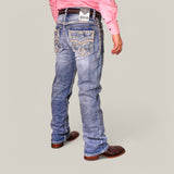 A person wearing Western Blue Straight Fit Embroidered Jeans WJ-2349, a pink long-sleeve shirt, and brown cowboy boots stands against a plain background.