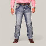 A person in a pink shirt, Western Blue Straight Fit Embroidered Jeans WJ-2345 with decorative back pocket stitching, a brown belt, and brown leather shoes stands against a plain backdrop. Only the lower torso and legs are visible.