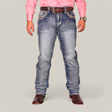 A person in a pink shirt, Western Blue Straight Fit Embroidered Jeans WJ-2345 with decorative back pocket stitching, a brown belt, and brown leather shoes stands against a plain backdrop. Only the lower torso and legs are visible.