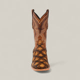 The Big Bass Pirarucu Print Rustic Honey - Square Toe boot features a brown, scale-textured foot with white stitching and is shown facing forward on a plain beige background.