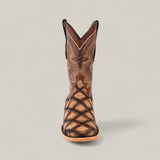 The Big Bass Pirarucu Print Rustic Camel - Square Toe is a single brown cowboy boot with intricate stitching and a distinctive textured pattern on the foot, displayed upright on a plain light background.