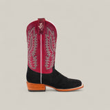 The Colt - Black - Square Toe men’s boot features a black suede foot, wooden heel, and tall red shaft with white decorative stitching, displayed on a plain light gray background. This premium piece delivers standout classic style.