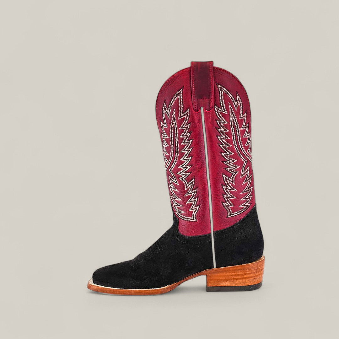 Colt - Black - Square Toe mens boot with a premium black suede square toe, wooden heel, and tall red leather shaft with white zigzag stitching, shown on a plain light background.