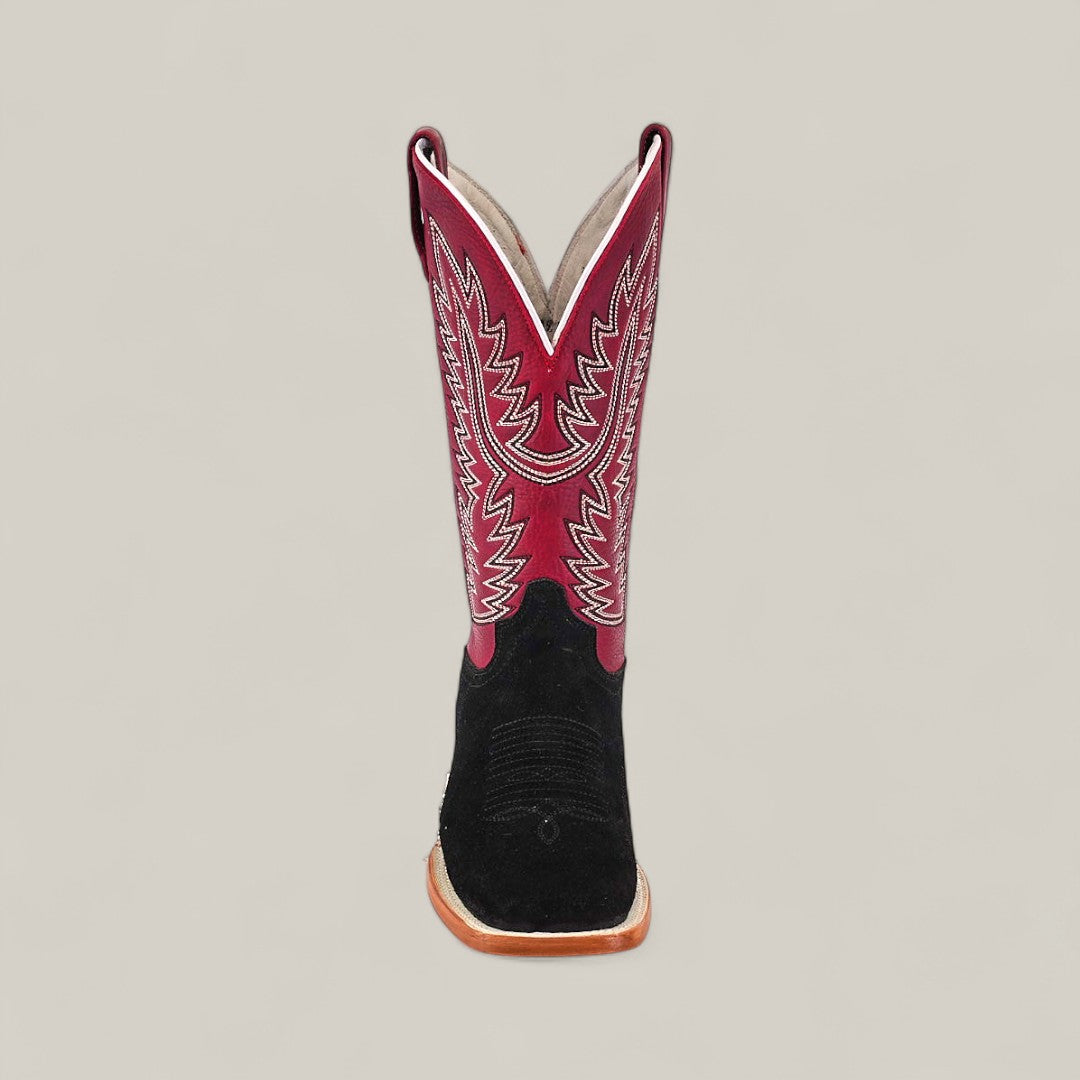 The Colt - Black - Square Toe is a mens boot featuring a black suede foot, brown sole, and tall maroon shaft with white stitching, shown facing forward against a plain light background.