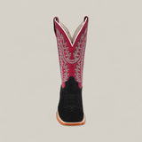 The Colt - Black - Square Toe is a mens boot featuring a black suede foot, brown sole, and tall maroon shaft with white stitching, shown facing forward against a plain light background.