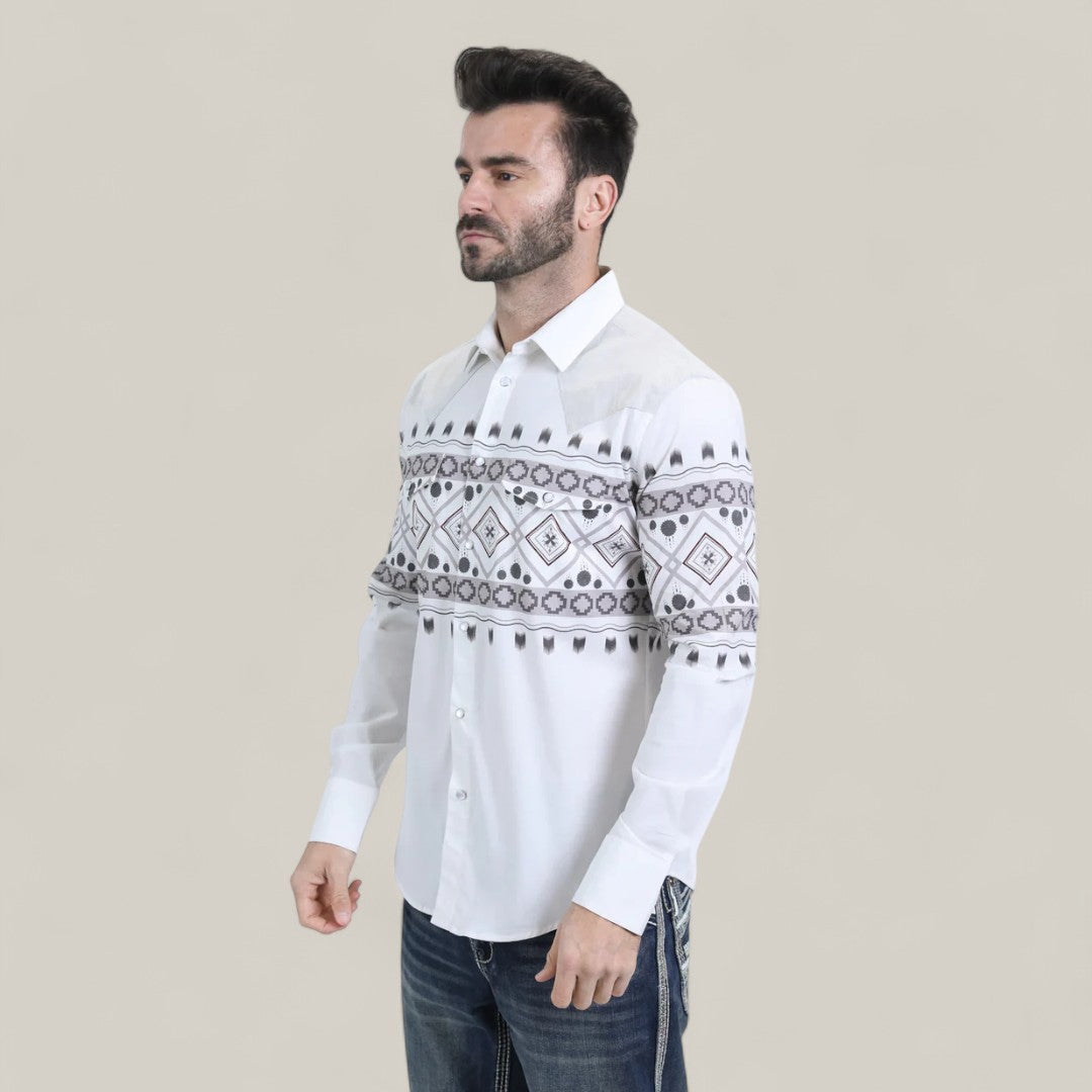 A man with short dark hair and a beard is wearing the Mens Western Modern Fit Cotton/Spandex Long Sleeve White Shirt with Snaps (WPL10751), standing against a plain beige background.