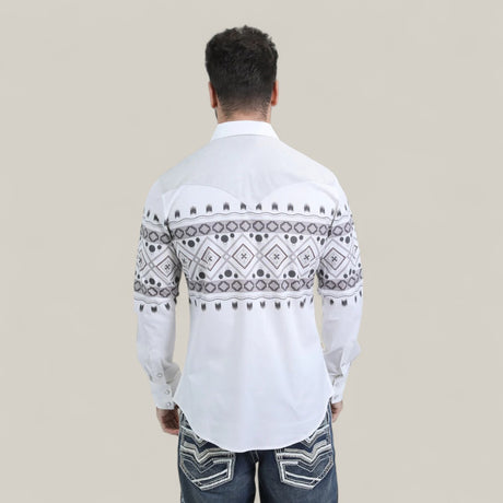 A man faces away from the camera, wearing a Mens Western Modern Fit Cotton/Spandex Long Sleeve White Shirt with Snaps (WPL10751), paired with blue jeans featuring embroidered pocket designs for a stylish, modern look.