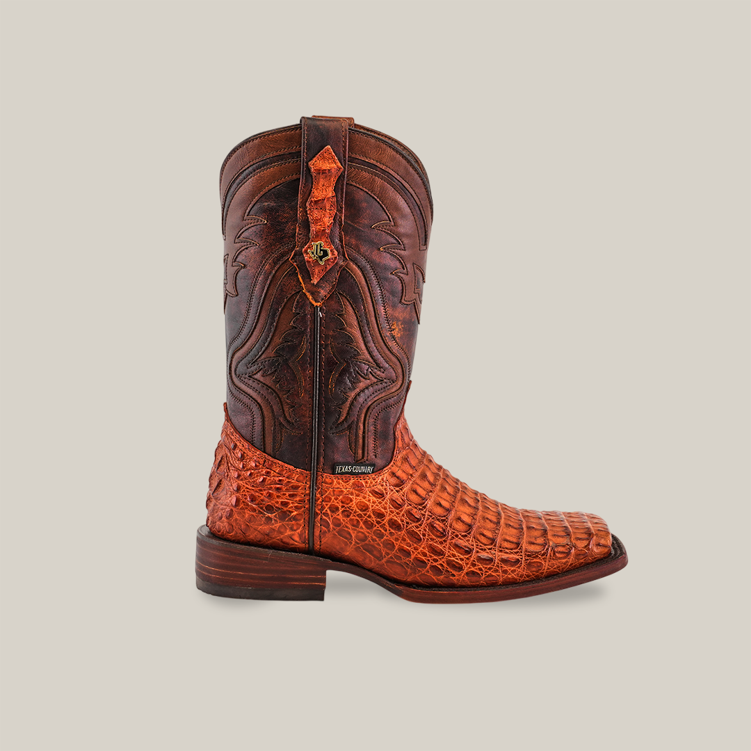 A single Exotic Caiman Hornback boot, in Brandy with Rodeo Toe, crafted from genuine caiman leather. It features intricate stitching and a decorative pattern, sports a reddish-brown hue with a slightly pointed toe and low heel, all set against a plain white background.