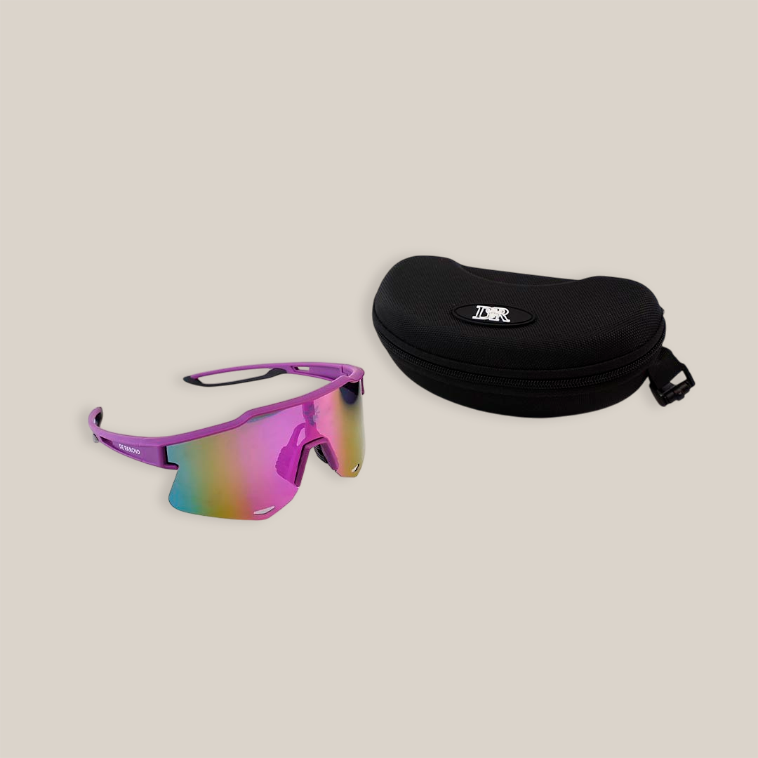 Resting on a white surface next to a black zippered case with a white logo, the DR Sport Sunglasses Grape are fashionable with UV protection and gradient-tinted lenses. Their sleek design makes them both stylish and functional for any adventure.