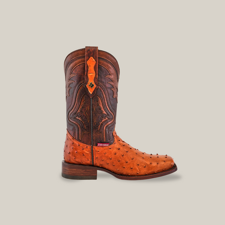 The Exotic Ostrich - Brandy boot features a light brown ostrich leather foot and a dark brown shaft with intricate stitching. Highlighting exceptional craftsmanship, it has a low heel and branded tag near the ankle, all beautifully set against a plain white background.