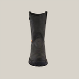 The Black Roper - Tractor Sole - Soft Toe is a black work boot with pull tabs, durable cowhide, and a rugged textured surface. The boot features the sturdy Black Roper Tractor Sole and is displayed against a white background.