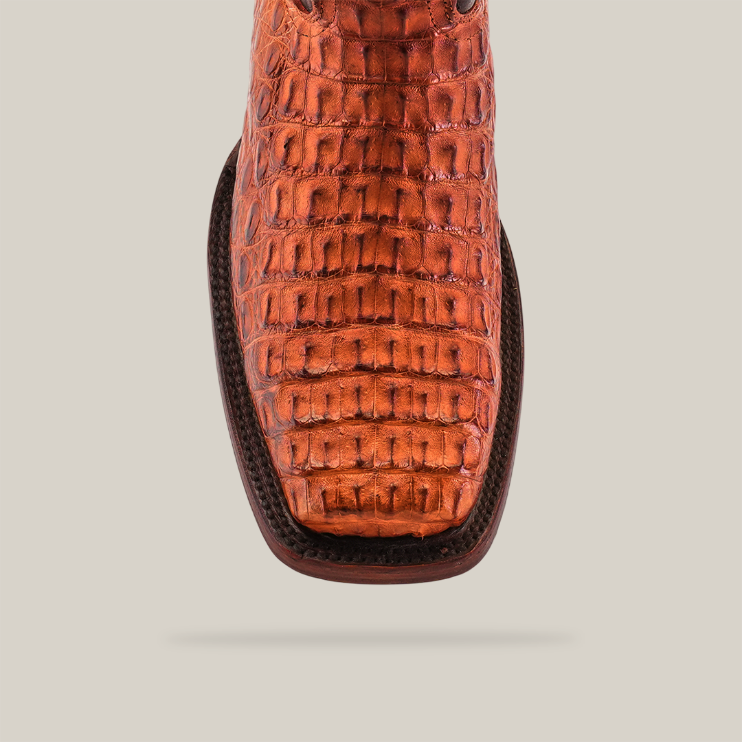 Close-up of an Exotic Caiman Hornback boot in Brandy with a Rodeo toe design, showcasing the detailed texture and stitching of genuine caiman leather. The boot is positioned toe-facing against a white background, highlighting its craftsmanship and elegant leather sole.